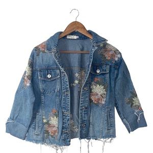 Before You Jean Jacket Floral Embroidery Raw Hem Cottagecore Classic Size Small